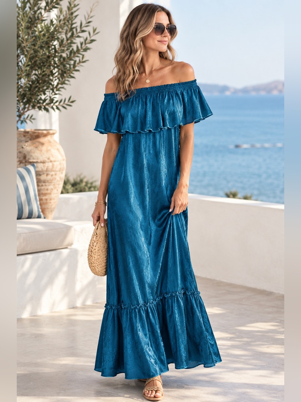 LOFT Beach Teal Off the Shoulder Ruffle Maxi Dress Size XS